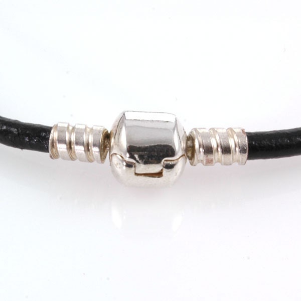 Black Leather Bracelet for European Charm Beads Interchangeable Sterling Clip Lock