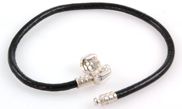 Black Leather Bracelet for European Charm Beads Interchangeable Sterling Clip Lock