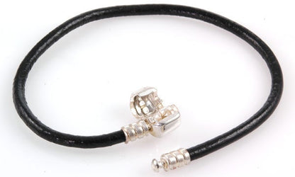 Black Leather Bracelet for European Charm Beads Interchangeable Sterling Clip Lock