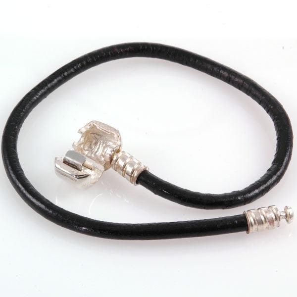 Black Leather Bracelet for European Charm Beads Interchangeable Sterling Clip Lock