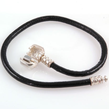 Black Leather Bracelet for European Charm Beads Interchangeable Sterling Clip Lock