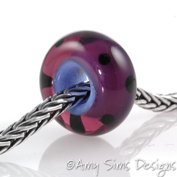 European Charm Bead Big Hole Lampwork Glass Purple Polka Dot Bead