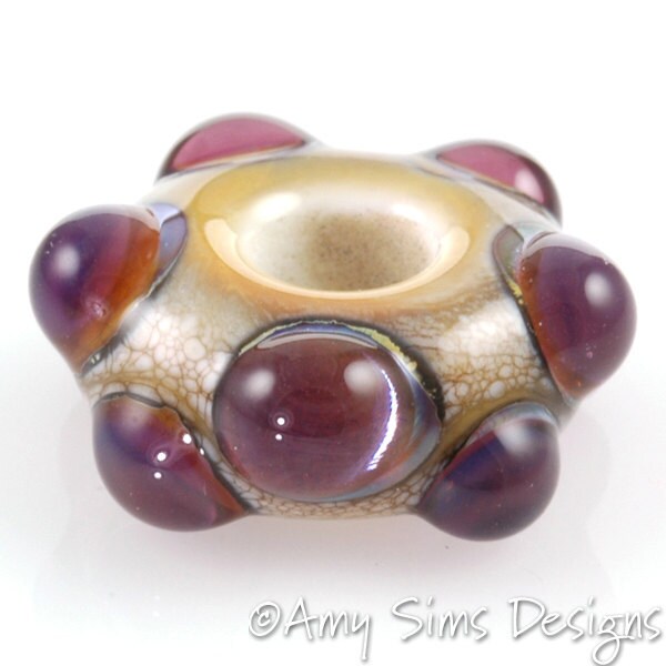 European Charm Bead Big Hole Lampwork Glass Purple Dot Bead-OOAK