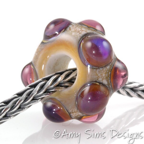 European Charm Bead Big Hole Lampwork Glass Purple Dot Bead-OOAK