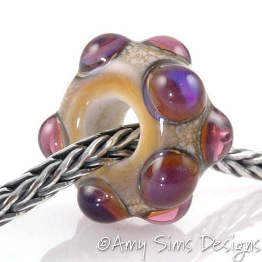 European Charm Bead Big Hole Lampwork Glass Purple Dot Bead-OOAK
