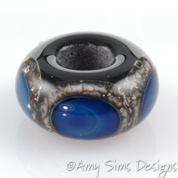 European Charm Bead Big Hole Lampwork Glass Blue Kronos Dot Bead