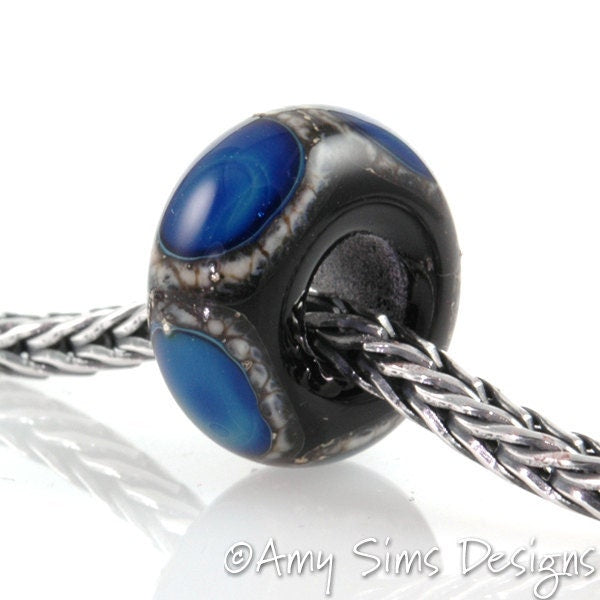 European Charm Bead Big Hole Lampwork Glass Blue Kronos Dot Bead