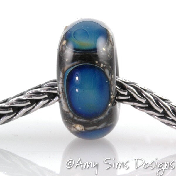 European Charm Bead Big Hole Lampwork Glass Blue Kronos Dot Bead