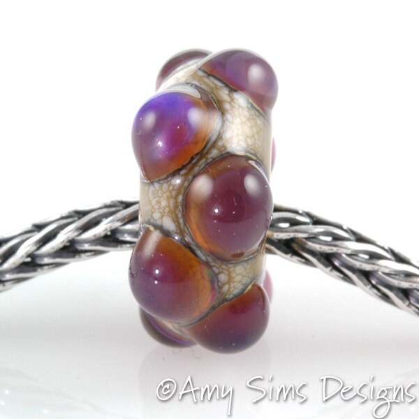 European Charm Bead Big Hole Lampwork Glass Purple Dot Bead-OOAK