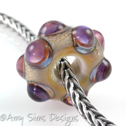 European Charm Bead Big Hole Lampwork Glass Purple Dot Bead-OOAK