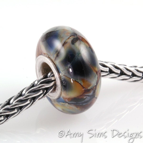 European Charm Big Hole Silver Core Lampwork Glass Bead Blue and Brown