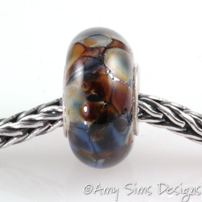 European Charm Big Hole Silver Core Lampwork Glass Bead Blue and Brown