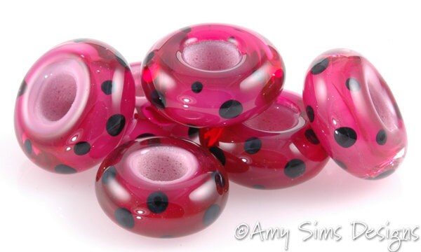 European Charm Bead Big Hole Lampwork Glass Bead Hot Pink with Black Polka Dots