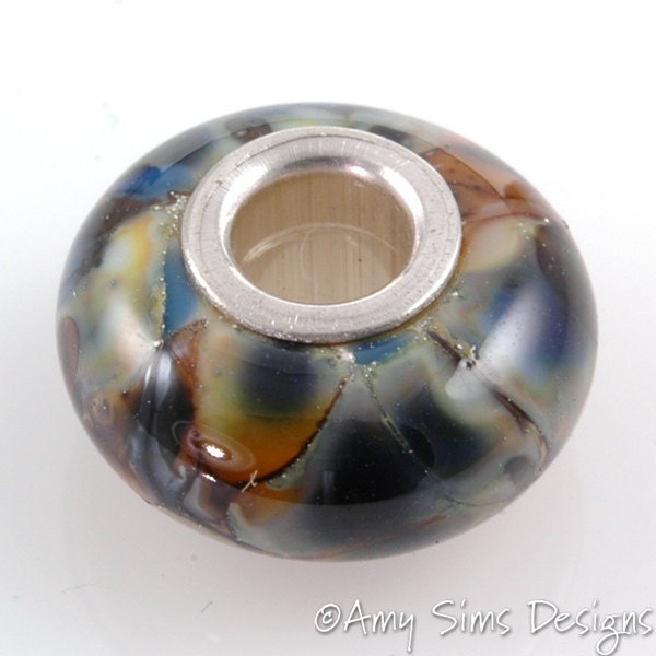 European Charm Big Hole Silver Core Lampwork Glass Bead Blue and Brown