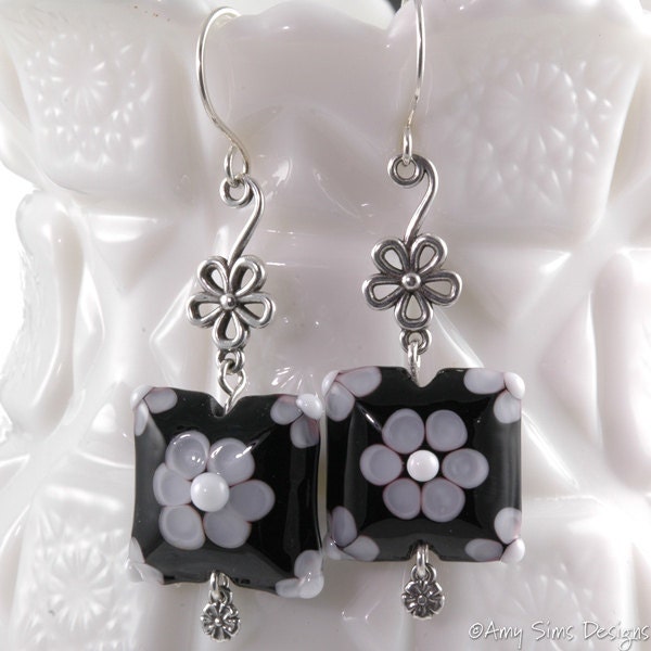 Quilted Flower Earrings Sterling Silver Black and White Lampwork