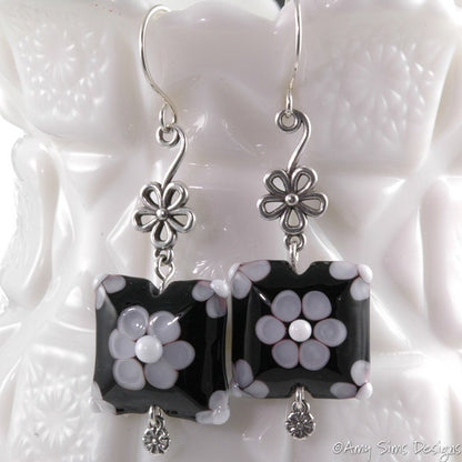 Quilted Flower Earrings Sterling Silver Black and White Lampwork