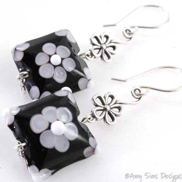 Quilted Flower Earrings Sterling Silver Black and White Lampwork