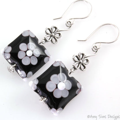 Quilted Flower Earrings Sterling Silver Black and White Lampwork