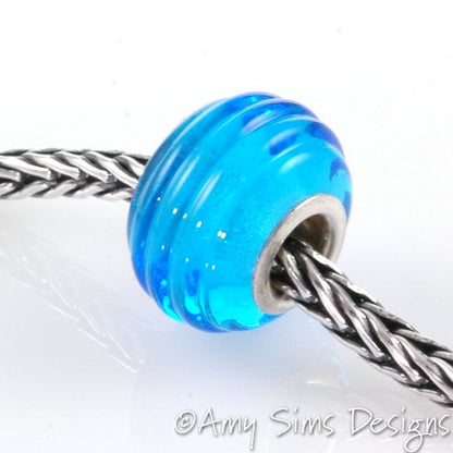 European Charm Bead Big Hole Lampwork Glass Aqua Blue Ribbed Silver Core