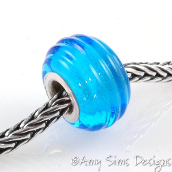 European Charm Bead Big Hole Lampwork Glass Aqua Blue Ribbed Silver Core