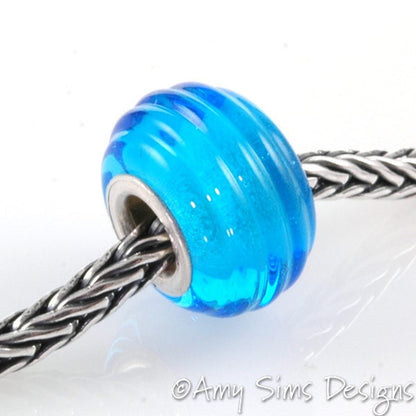 European Charm Bead Big Hole Lampwork Glass Aqua Blue Ribbed Silver Core