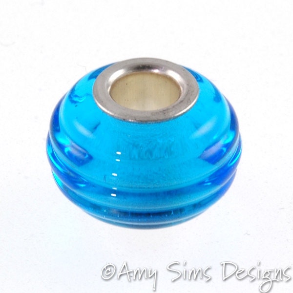 European Charm Bead Big Hole Lampwork Glass Aqua Blue Ribbed Silver Core