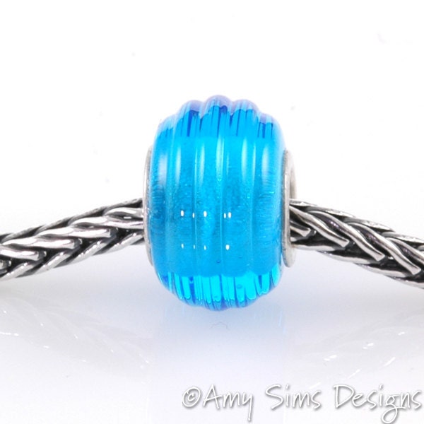 European Charm Bead Big Hole Lampwork Glass Aqua Blue Ribbed Silver Core