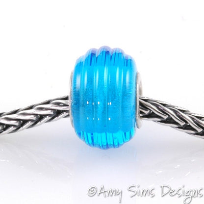 European Charm Bead Big Hole Lampwork Glass Aqua Blue Ribbed Silver Core