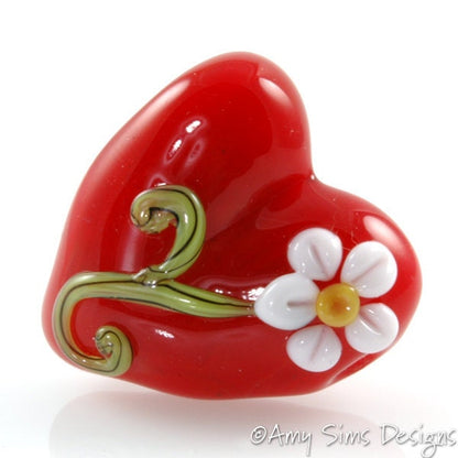 Daisy Red Heart Focal Lampwork Glass Bead