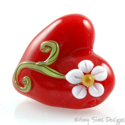 Daisy Red Heart Focal Lampwork Glass Bead