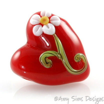 Daisy Red Heart Focal Lampwork Glass Bead