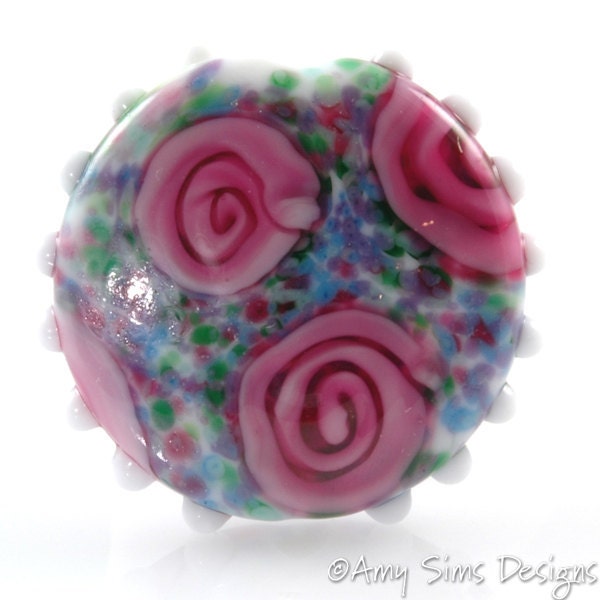 Watercolor Rose Floral Focal Lampwork Glass Bead
