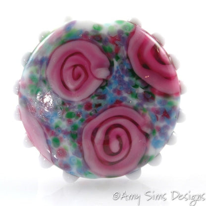 Watercolor Rose Floral Focal Lampwork Glass Bead
