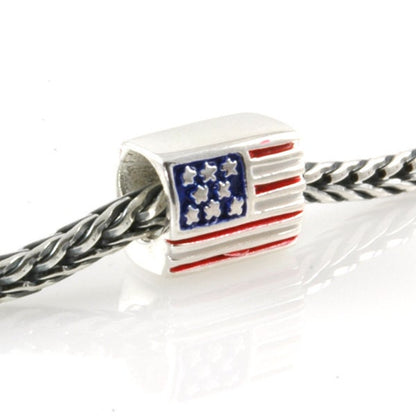 USA Flag Bead Sterling Silver and Enamel Big Hole Charm Bead X0226