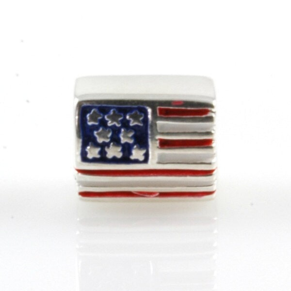 USA Flag Bead Sterling Silver and Enamel Big Hole Charm Bead X0226