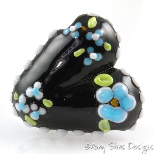 Floral Heart Focal Artisan Lampwork Glass Bead