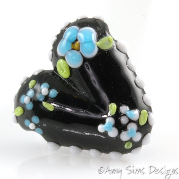 Floral Heart Focal Artisan Lampwork Glass Bead