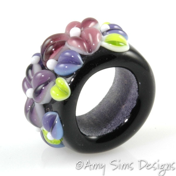 Purple Floral Artisan Lampwork Glass Focal Bead for Regaliz Leather