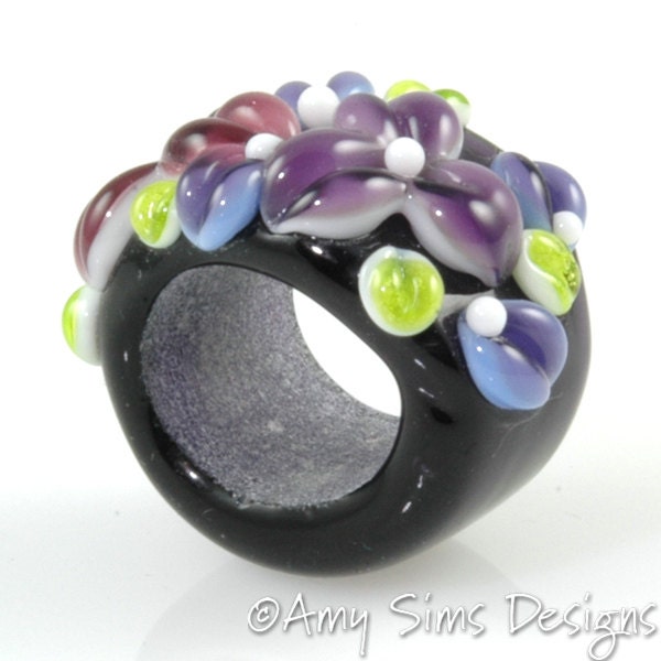 Purple Floral Artisan Lampwork Glass Focal Bead for Regaliz Leather
