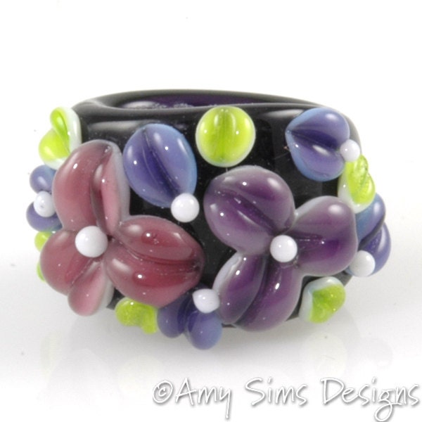 Purple Floral Artisan Lampwork Glass Focal Bead for Regaliz Leather