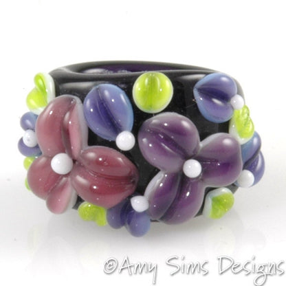Purple Floral Artisan Lampwork Glass Focal Bead for Regaliz Leather
