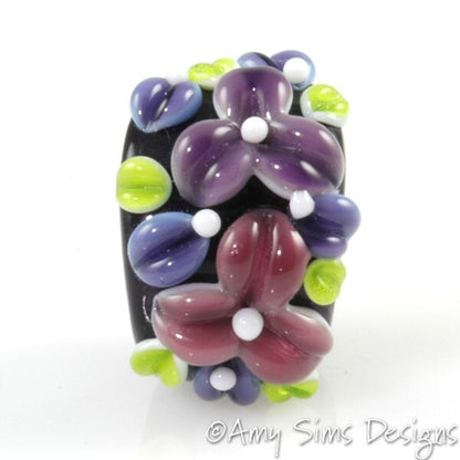 Purple Floral Artisan Lampwork Glass Focal Bead for Regaliz Leather