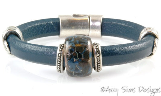 Artisan Lampwork Blue & Brown Bead Regaliz Leather Bracelet
