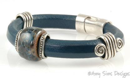 Artisan Lampwork Blue & Brown Bead Regaliz Leather Bracelet