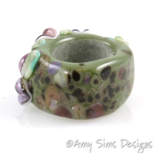 Purple & Green Floral Artisan Lampwork Glass Focal Bead for Regaliz Leather