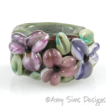Purple & Green Floral Artisan Lampwork Glass Focal Bead for Regaliz Leather
