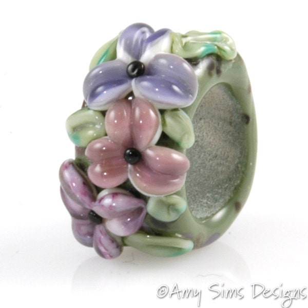 Purple & Green Floral Artisan Lampwork Glass Focal Bead for Regaliz Leather