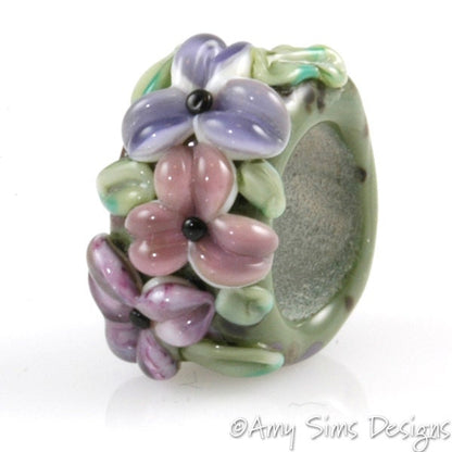 Purple & Green Floral Artisan Lampwork Glass Focal Bead for Regaliz Leather