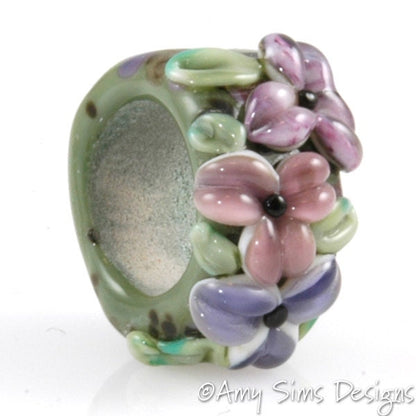 Purple & Green Floral Artisan Lampwork Glass Focal Bead for Regaliz Leather
