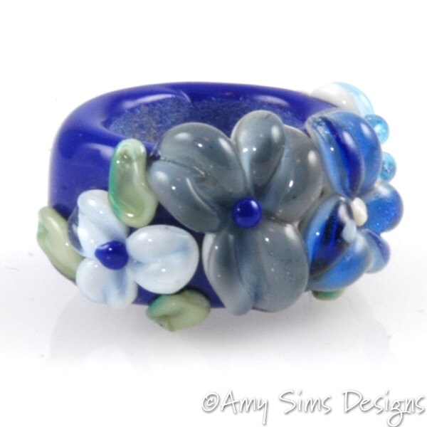 Regaliz Bead: Blue Floral Artisan Lampwork Glass Focal